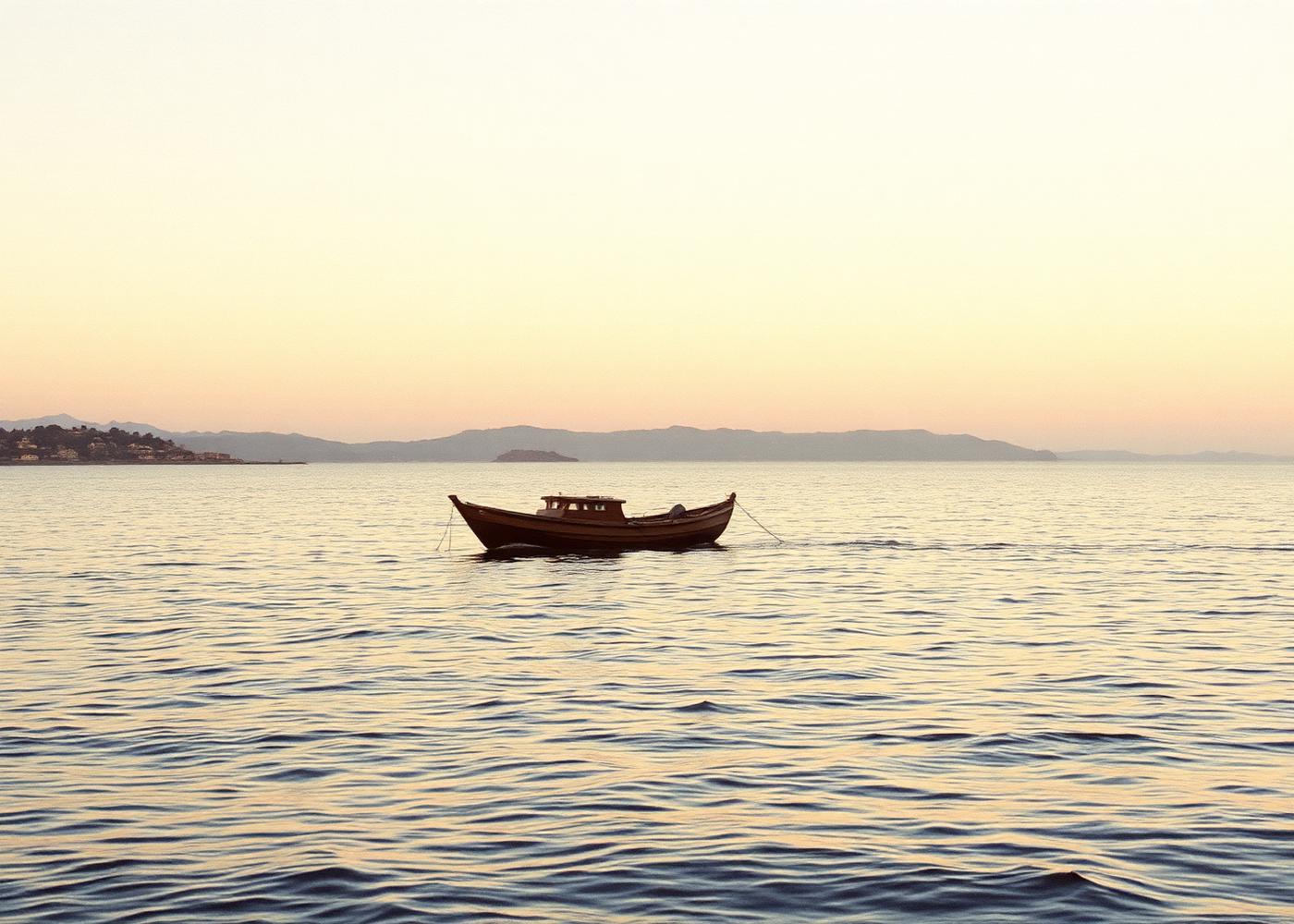 A small wooden fishing boat on calm open water at dawn