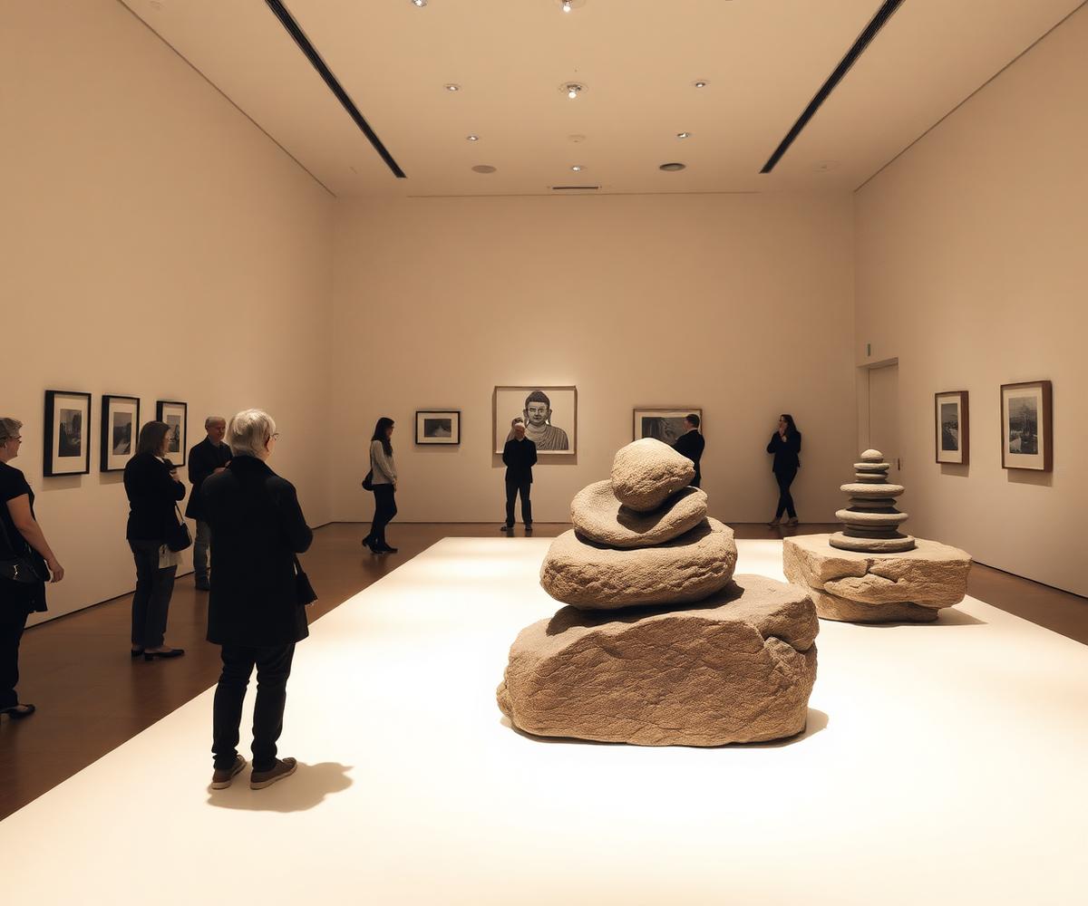 Visitors viewing a contemplative stone sculpture installation in a gallery
