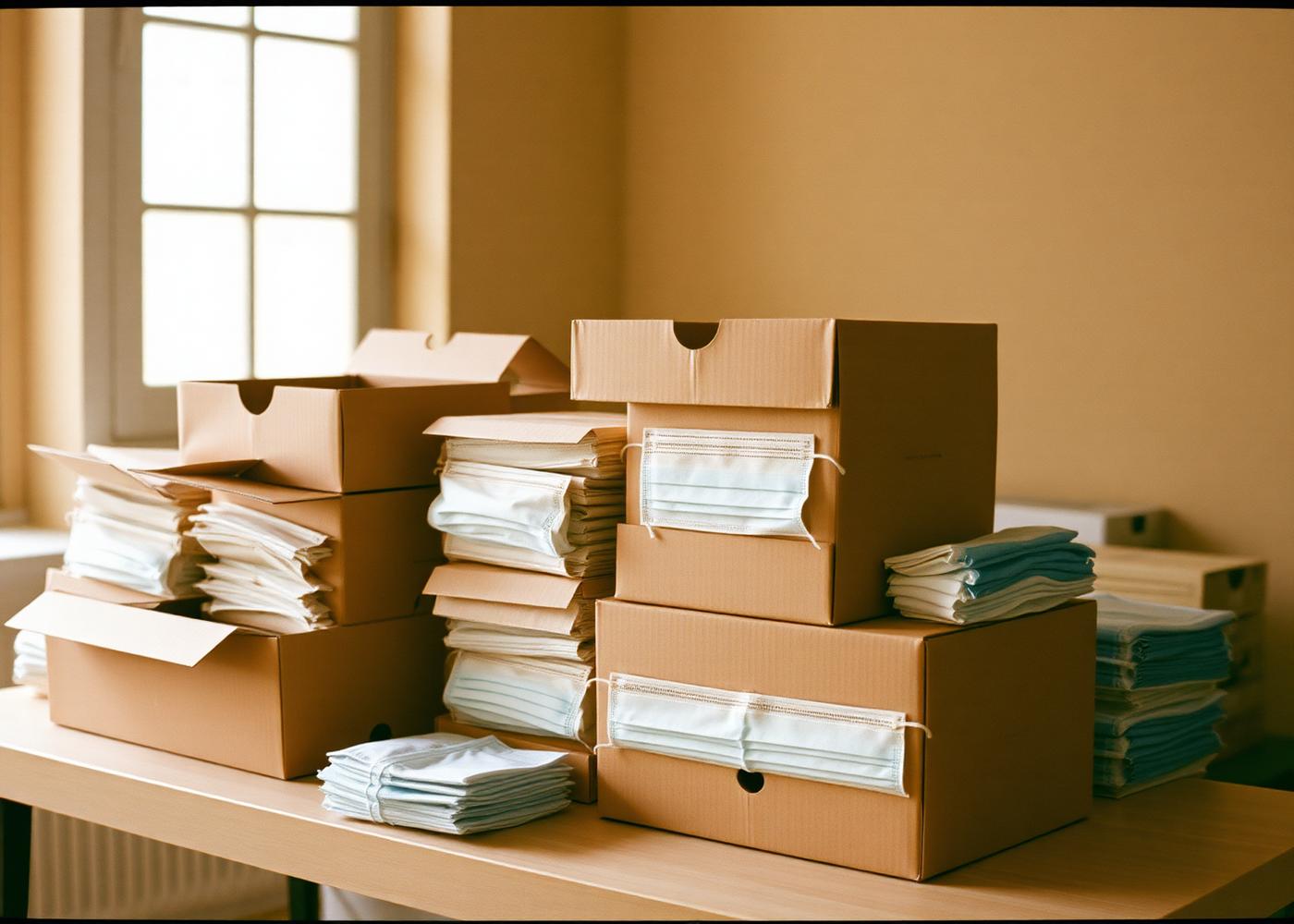 Boxes of folded surgical masks and protective medical supplies packed for delivery